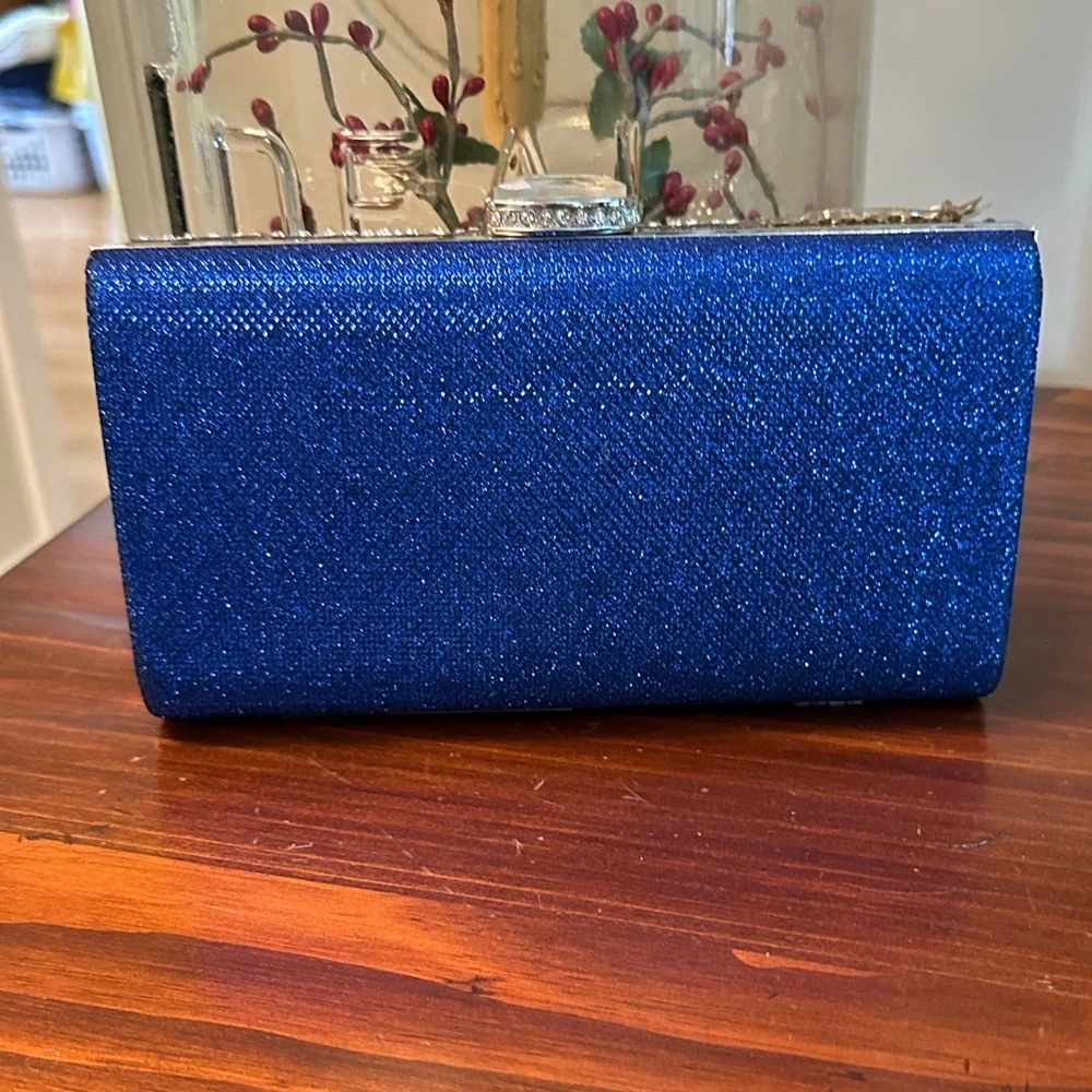 Elegant Blue Clutch with Rhinestone Accents and Chain Shoulder Strap DAMAGED